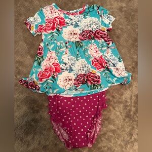 Posh Peanut Teal Floral Top with Magenta Polka Dot Bloomers 2T